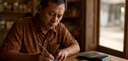 Pemilik usaha kecil menghitung biaya merchant dengan kalkulator dan mesin EDC di meja kasir