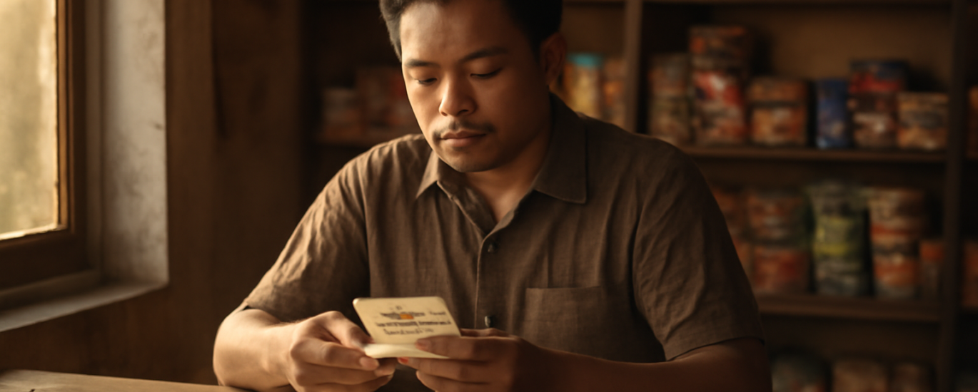 Pemilik usaha kecil mencatat pemasukan dan pengeluaran di meja tokonya